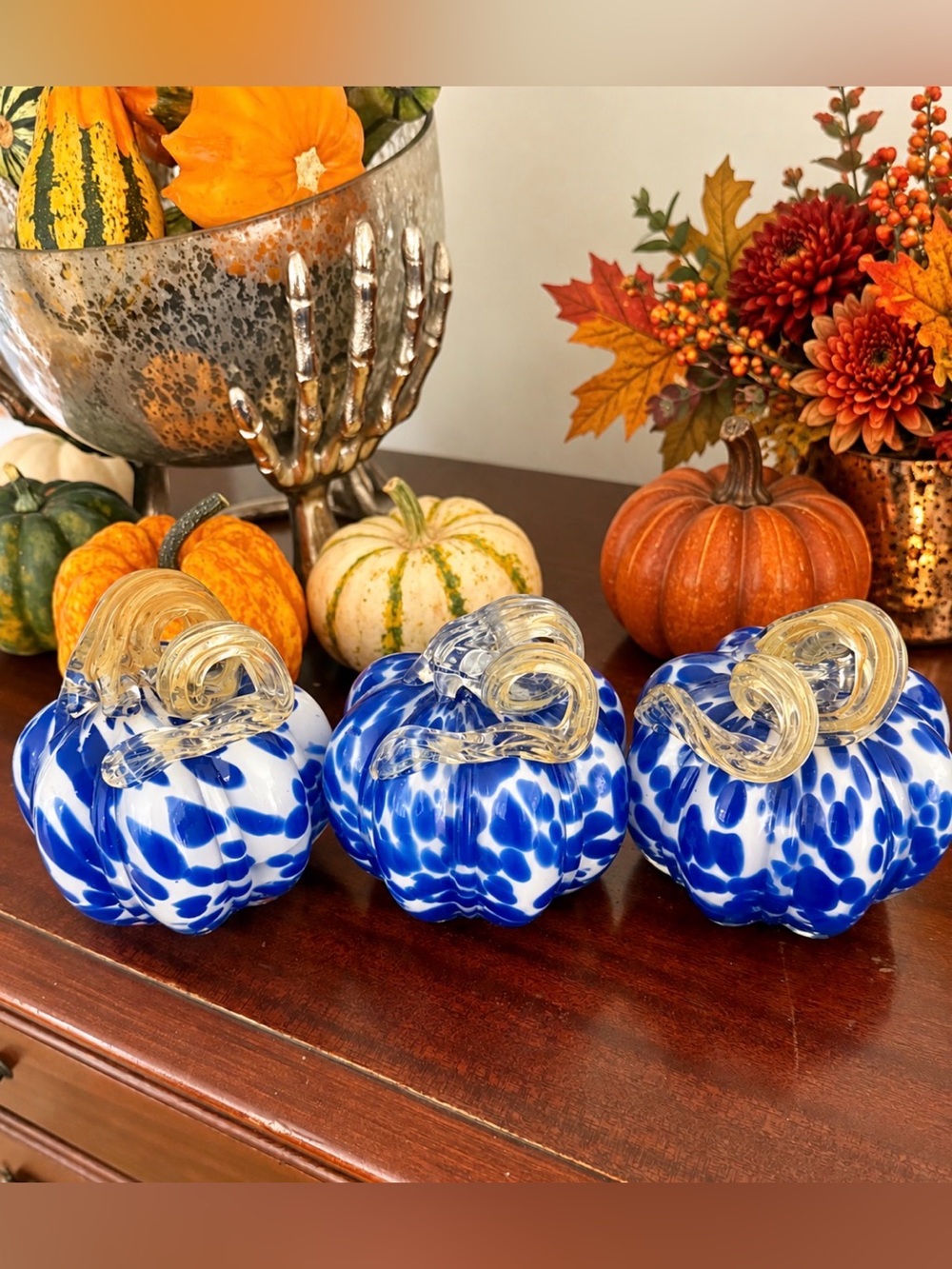 Blue Speckled Glass Pumpkin Trio - Decorative Fall Accents